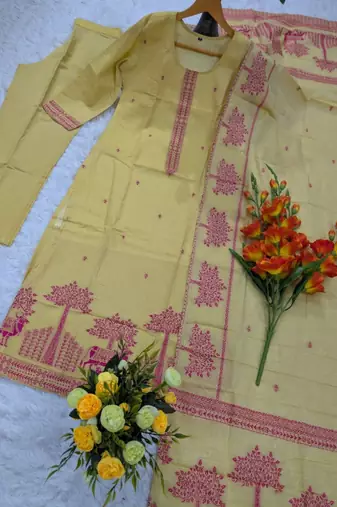 Yellow cotton printed kurta set for women with dupatta and pant