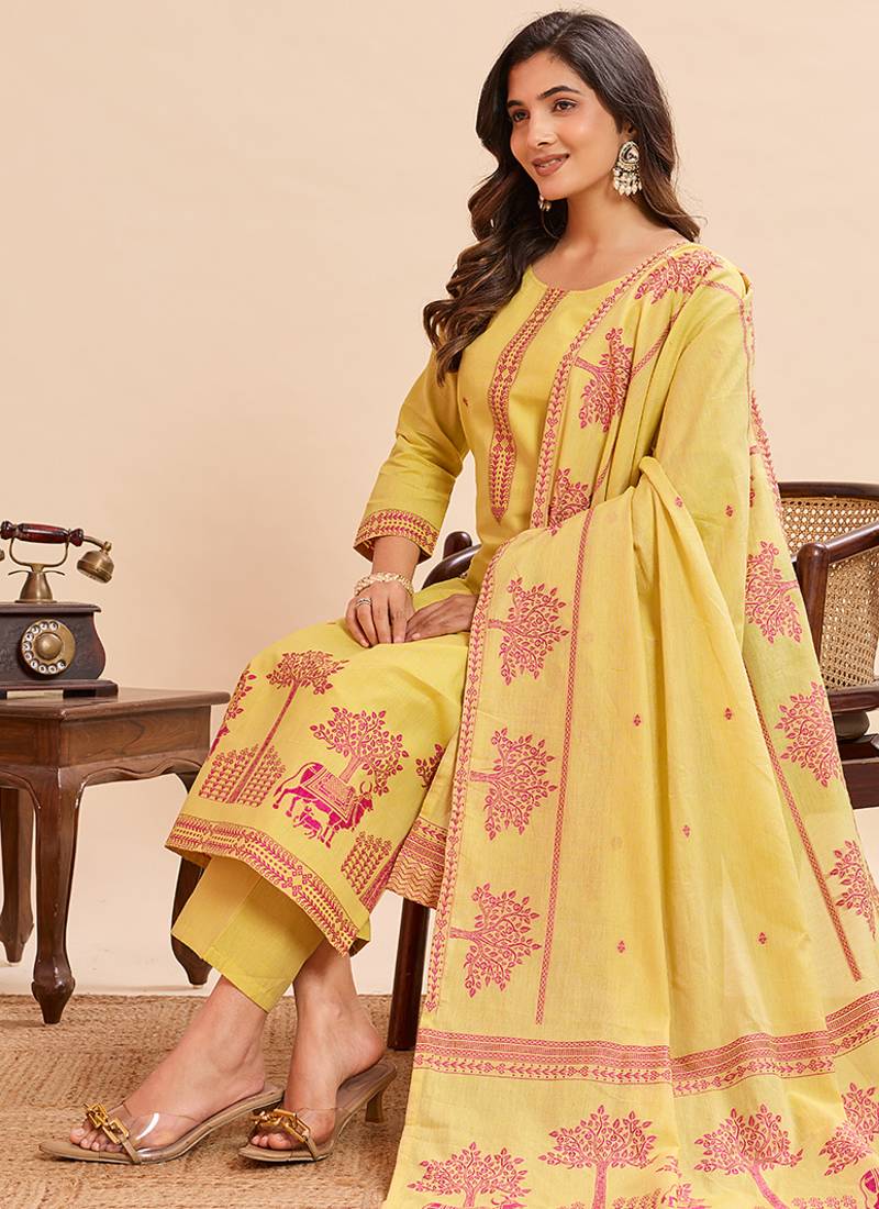 Yellow cotton printed kurta set for women with dupatta and pant