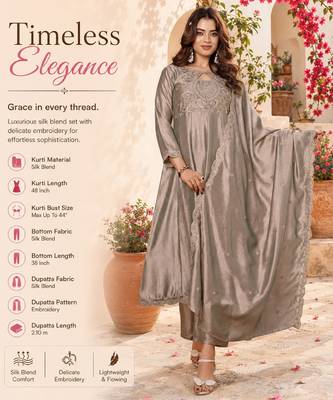 Grey silk blend embroidered kurta set for women with dupatta and pant 2