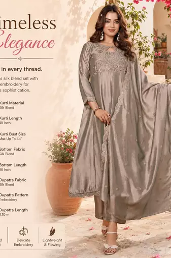Grey silk blend embroidered kurta set for women with dupatta and pant