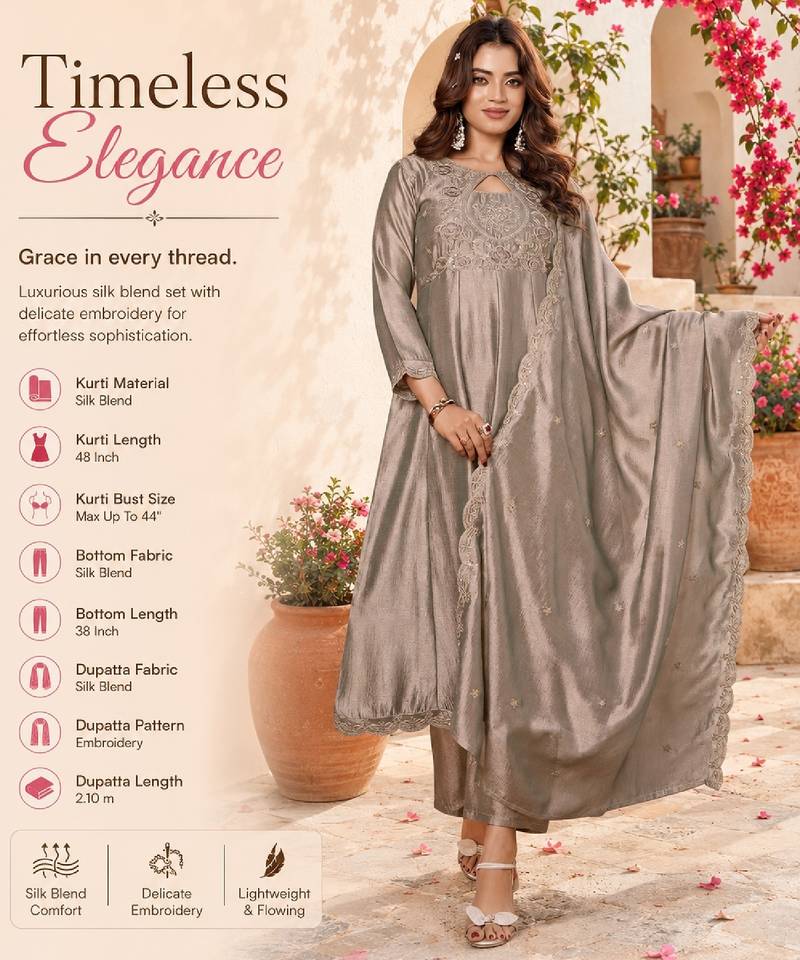 Grey silk blend embroidered kurta set for women with dupatta and pant