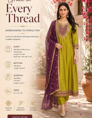 Olive silk blend embroidered kurta set for women with pant and dupatta 2