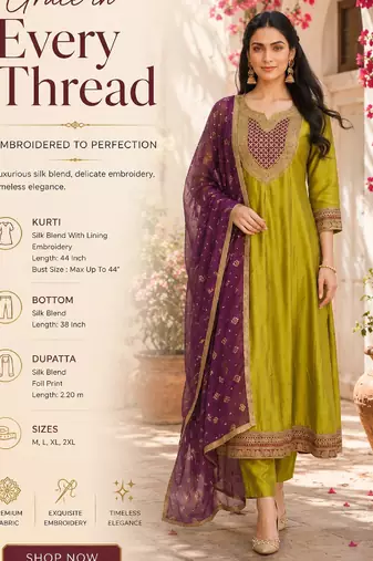 Olive silk blend embroidered kurta set for women with pant and dupatta