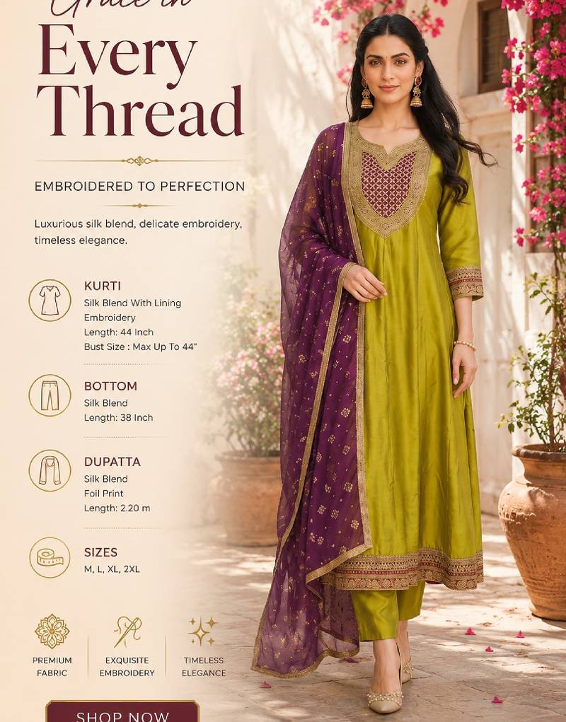 Olive silk blend embroidered kurta set for women with pant and dupatta