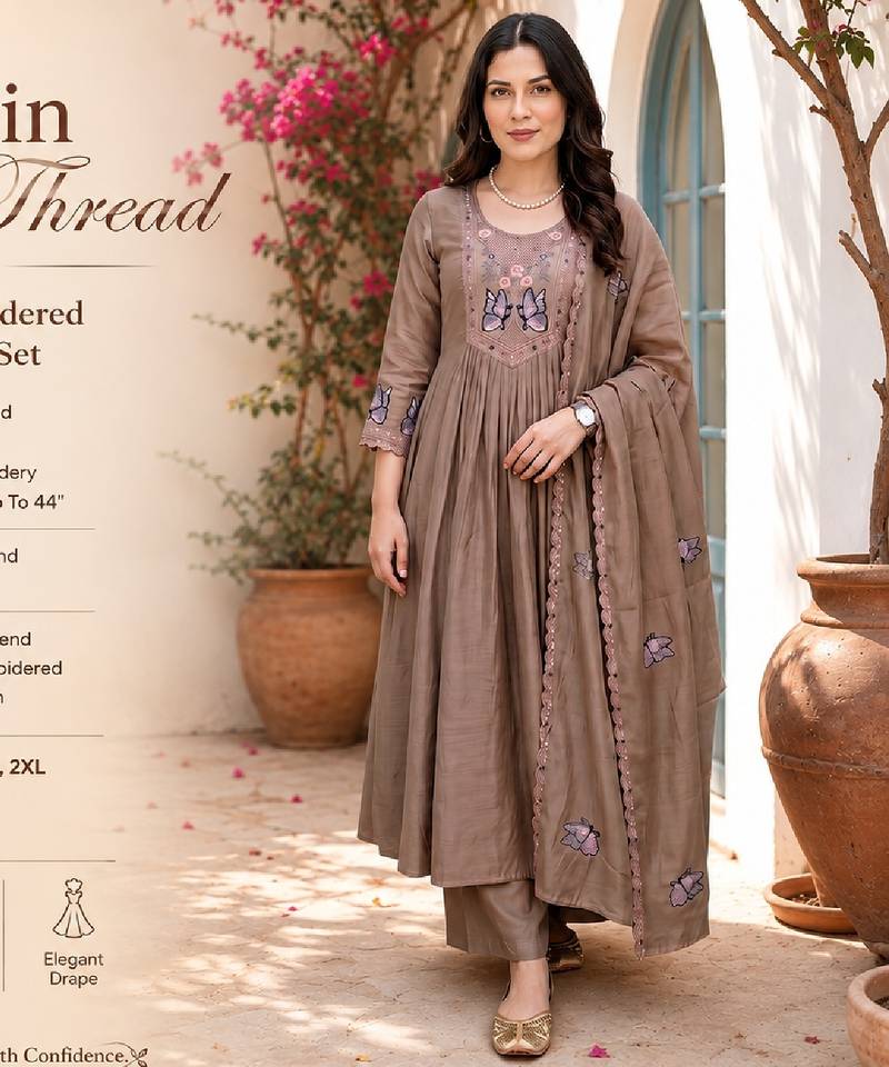 Cream silk blend embroidered kurta set for women with pant and dupatta