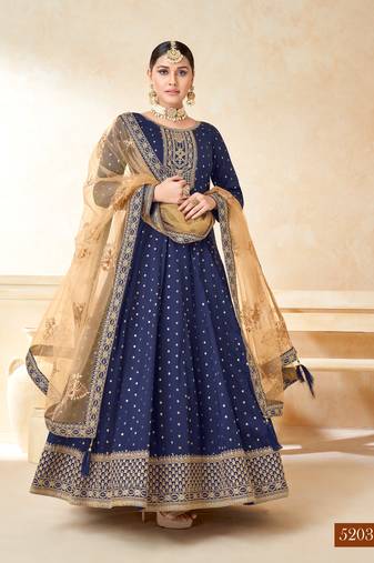 Blue Taffeta Silk Butti Anarkali Suit