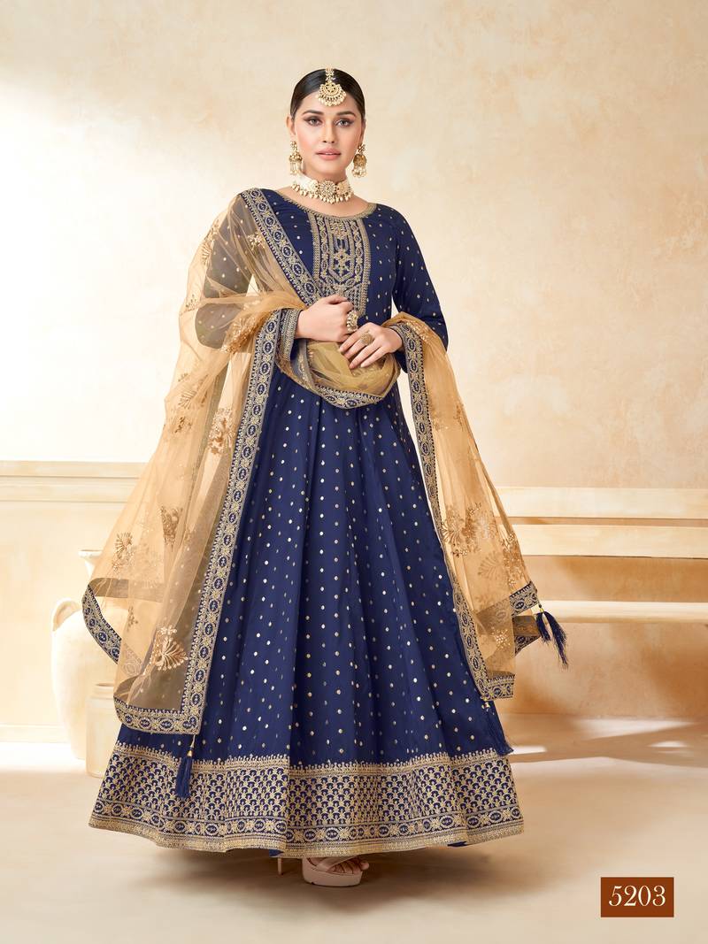 Blue Taffeta Silk Butti Anarkali Suit
