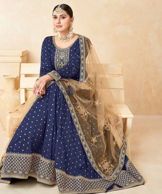 Blue Taffeta Silk Butti Anarkali Suit 2