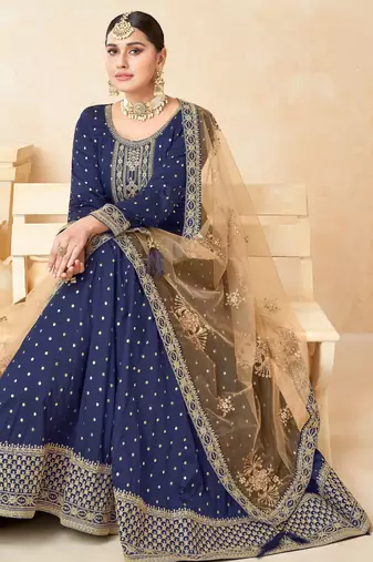 Blue Taffeta Silk Butti Anarkali Suit