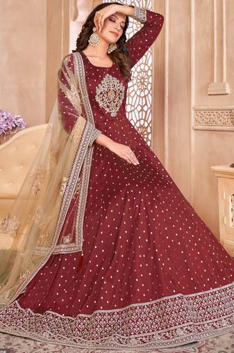marron Taffeta Silk Butti Anarkali Suit