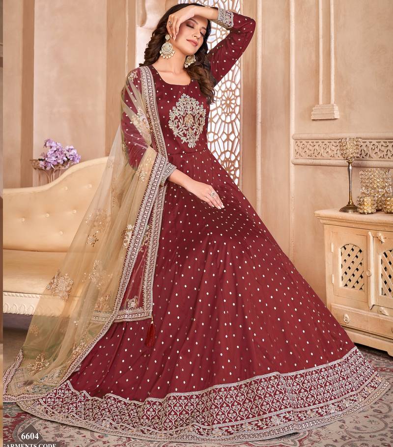 marron Taffeta Silk Butti Anarkali Suit