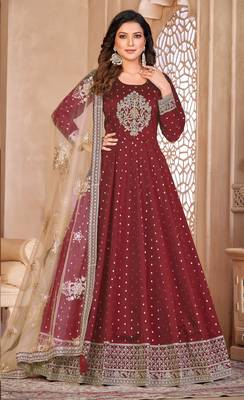 marron Taffeta Silk Butti Anarkali Suit 2