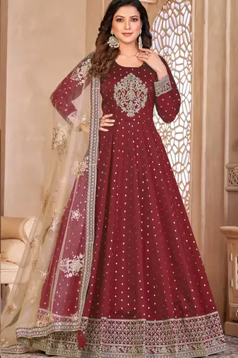 marron Taffeta Silk Butti Anarkali Suit