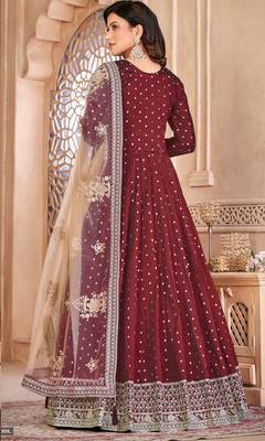 marron Taffeta Silk Butti Anarkali Suit 3