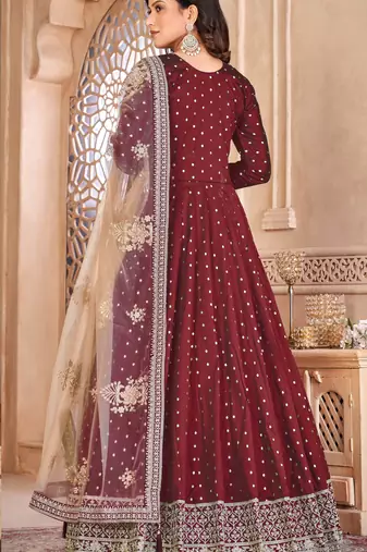 marron Taffeta Silk Butti Anarkali Suit