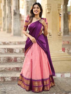  Traditional Ethnic Pink silk blend Lehenga with Deep Purple Pallu and Intricate Gold Zari Detailing 1
