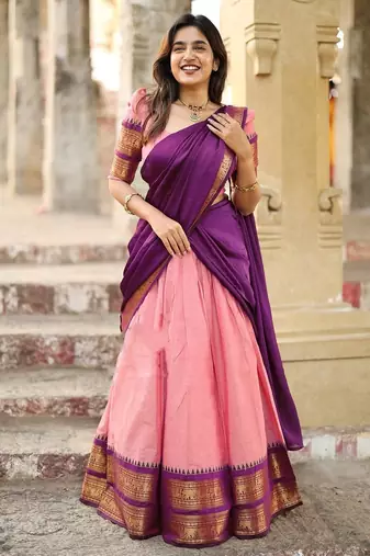  Traditional Ethnic Pink silk blend Lehenga with Deep Purple Pallu and Intricate Gold Zari Detailing
