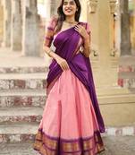  Traditional Ethnic Pink silk blend Lehenga with Deep Purple Pallu and Intricate Gold Zari Detailing