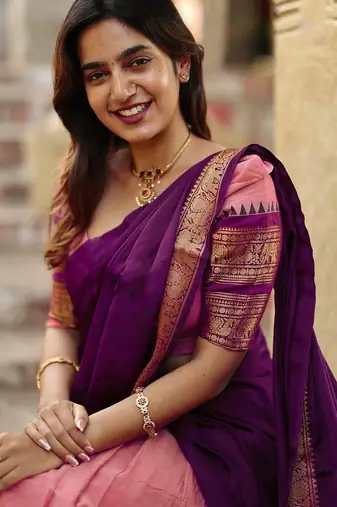  Traditional Ethnic Pink silk blend Lehenga with Deep Purple Pallu and Intricate Gold Zari Detailing