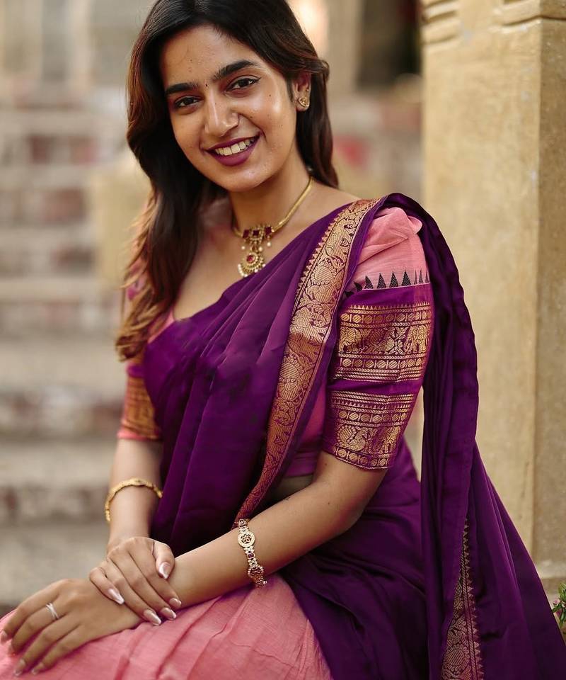  Traditional Ethnic Pink silk blend Lehenga with Deep Purple Pallu and Intricate Gold Zari Detailing