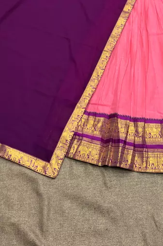  Traditional Ethnic Pink silk blend Lehenga with Deep Purple Pallu and Intricate Gold Zari Detailing
