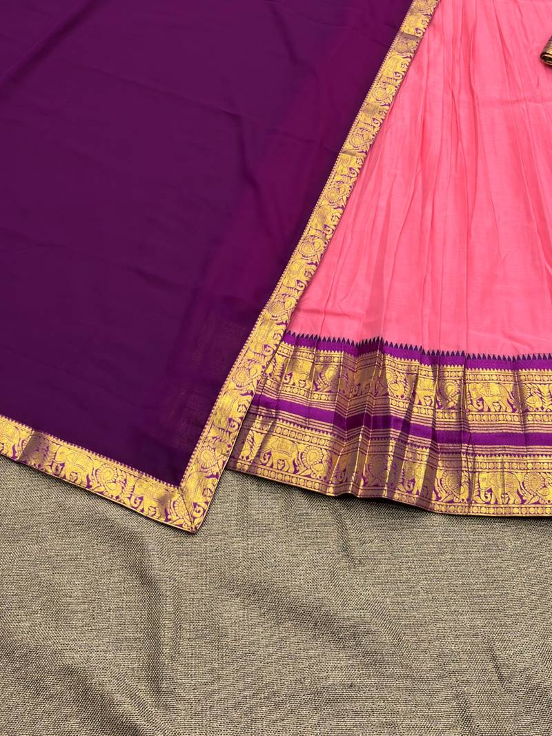  Traditional Ethnic Pink silk blend Lehenga with Deep Purple Pallu and Intricate Gold Zari Detailing