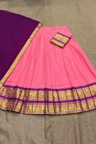  Traditional Ethnic Pink silk blend Lehenga with Deep Purple Pallu and Intricate Gold Zari Detailing