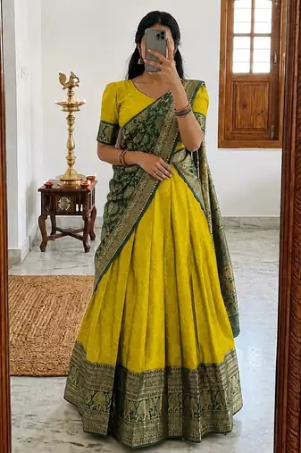  Yellow Traditional Lehenga Choli Set Featuring Intricate Purple and Gold Zari Detailing