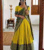  Yellow Traditional Lehenga Choli Set Featuring Intricate Purple and Gold Zari Detailing