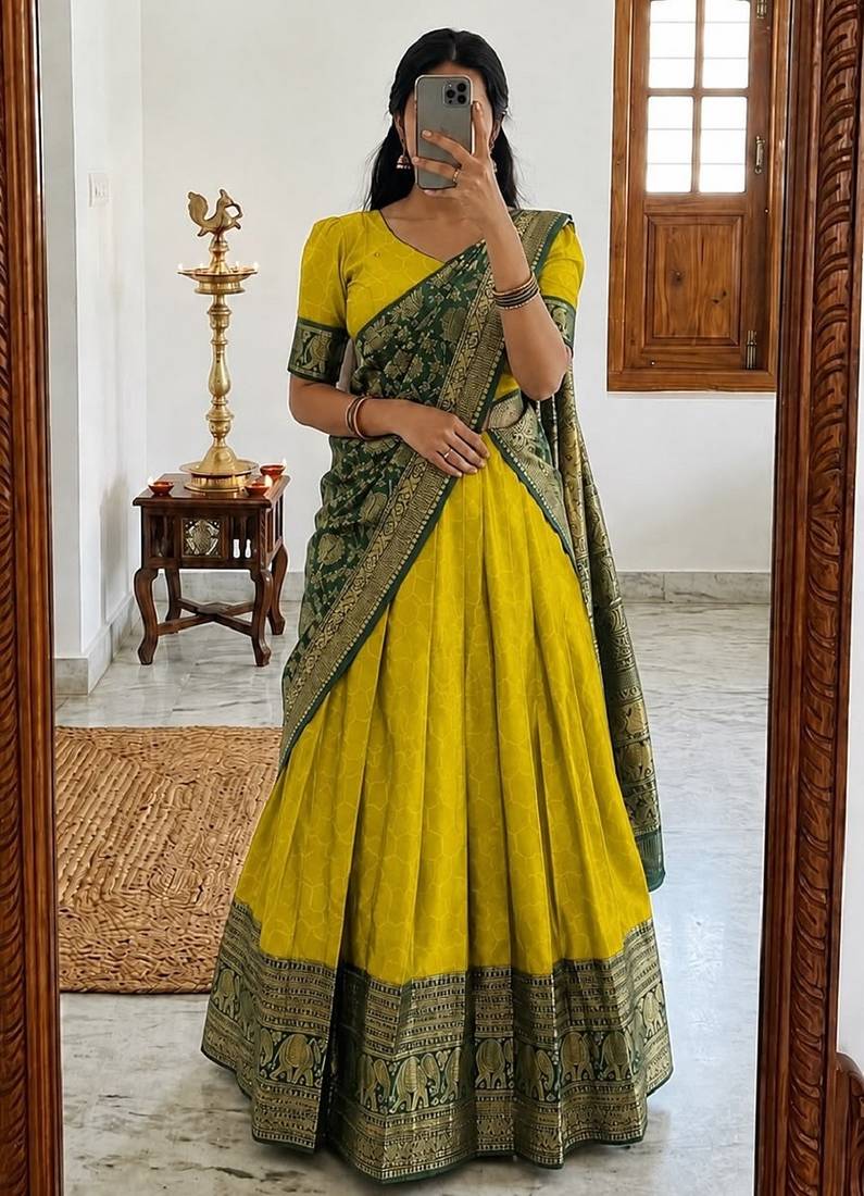  Yellow Traditional Lehenga Choli Set Featuring Intricate Purple and Gold Zari Detailing