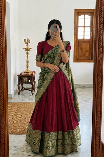  Maroon Traditional Lehenga Choli Set Featuring Intricate Purple and Gold Zari Detailing