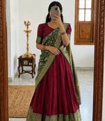  Maroon Traditional Lehenga Choli Set Featuring Intricate Purple and Gold Zari Detailing