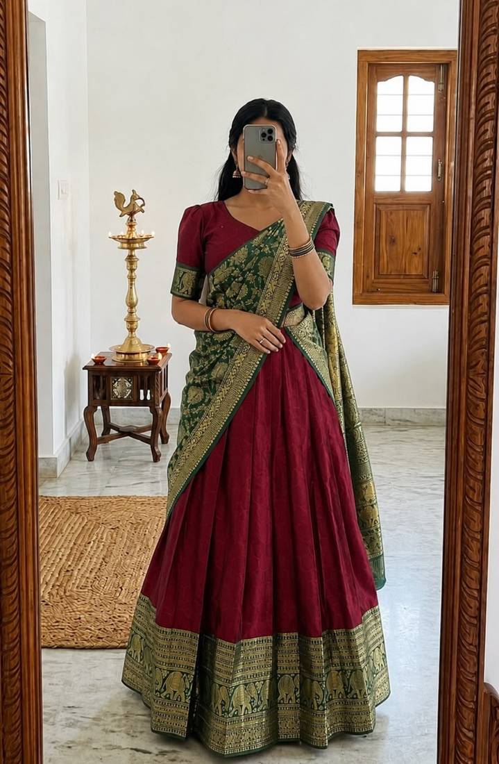  Maroon Traditional Lehenga Choli Set Featuring Intricate Purple and Gold Zari Detailing
