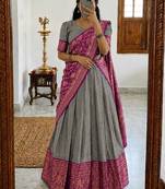  Grey Traditional Lehenga Choli Set Featuring Intricate Purple and Gold Zari Detailing