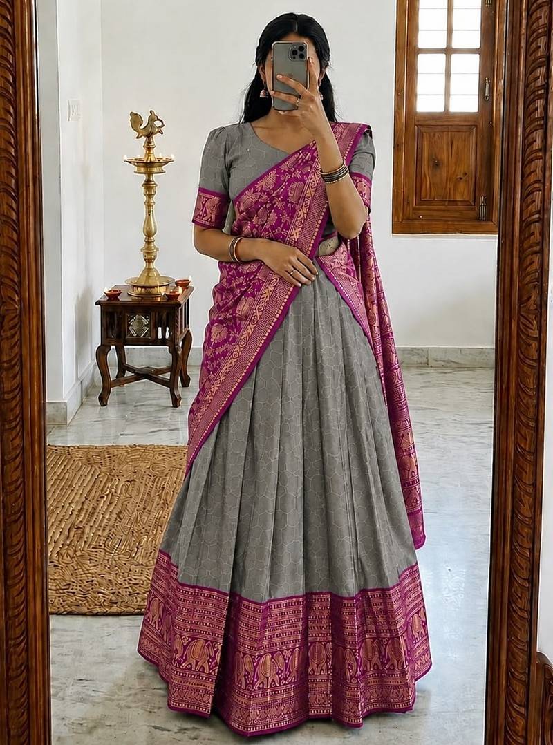  Grey Traditional Lehenga Choli Set Featuring Intricate Purple and Gold Zari Detailing