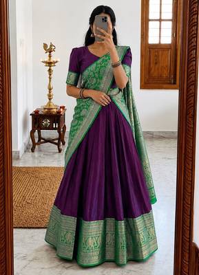  Wine Traditional Lehenga Choli Set Featuring Intricate Purple and Gold Zari Detailing 1