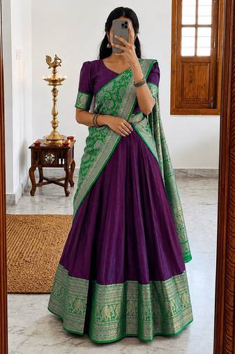  Wine Lehenga Choli Set Featuring Intricate Purple and Gold Zari Detailing