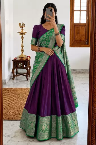 Wine Traditional Lehenga Choli Set Featuring Intricate Purple and Gold Zari Detailing