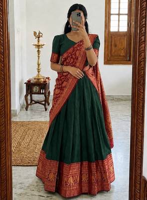  Green Traditional Lehenga Choli Set Featuring Intricate Purple and Gold Zari Detailing 1
