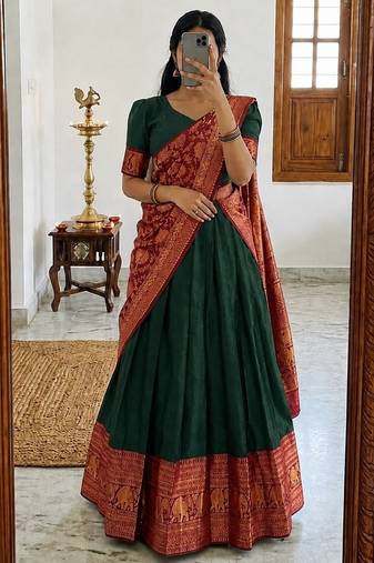  Green Lehenga Choli Set Featuring Intricate Purple and Gold Zari Detailing