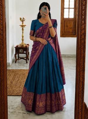  Royal Blue Traditional Lehenga Choli Set Featuring Intricate Purple and Gold Zari Detailing 1