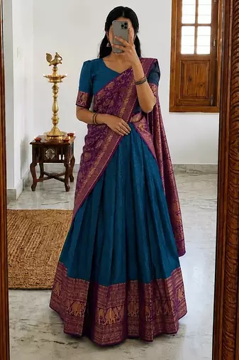  Royal Blue Traditional Lehenga Choli Set Featuring Intricate Purple and Gold Zari Detailing