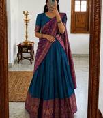  Royal Blue Traditional Lehenga Choli Set Featuring Intricate Purple and Gold Zari Detailing