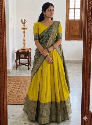  Yellow Traditional Lehenga Choli Set Featuring Intricate Purple and Gold Zari Detailing 2