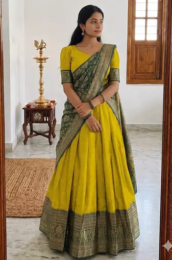  Yellow Traditional Lehenga Choli Set Featuring Intricate Purple and Gold Zari Detailing