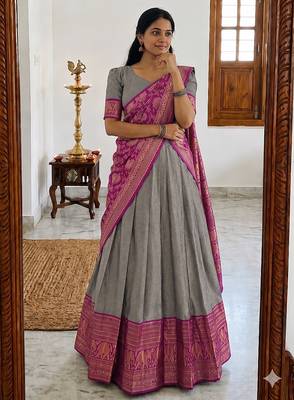  Grey Traditional Lehenga Choli Set Featuring Intricate Purple and Gold Zari Detailing 2
