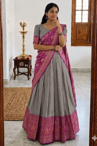  Grey Traditional Lehenga Choli Set Featuring Intricate Purple and Gold Zari Detailing