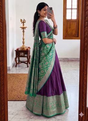  Wine Traditional Lehenga Choli Set Featuring Intricate Purple and Gold Zari Detailing 2