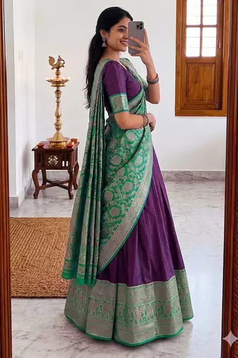 Wine Traditional Lehenga Choli Set Featuring Intricate Purple and Gold Zari Detailing