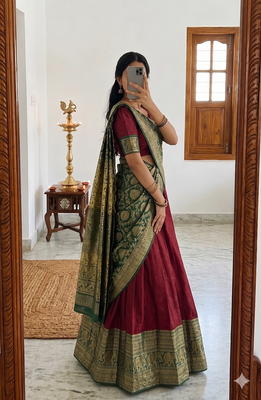  Maroon Traditional Lehenga Choli Set Featuring Intricate Purple and Gold Zari Detailing 2